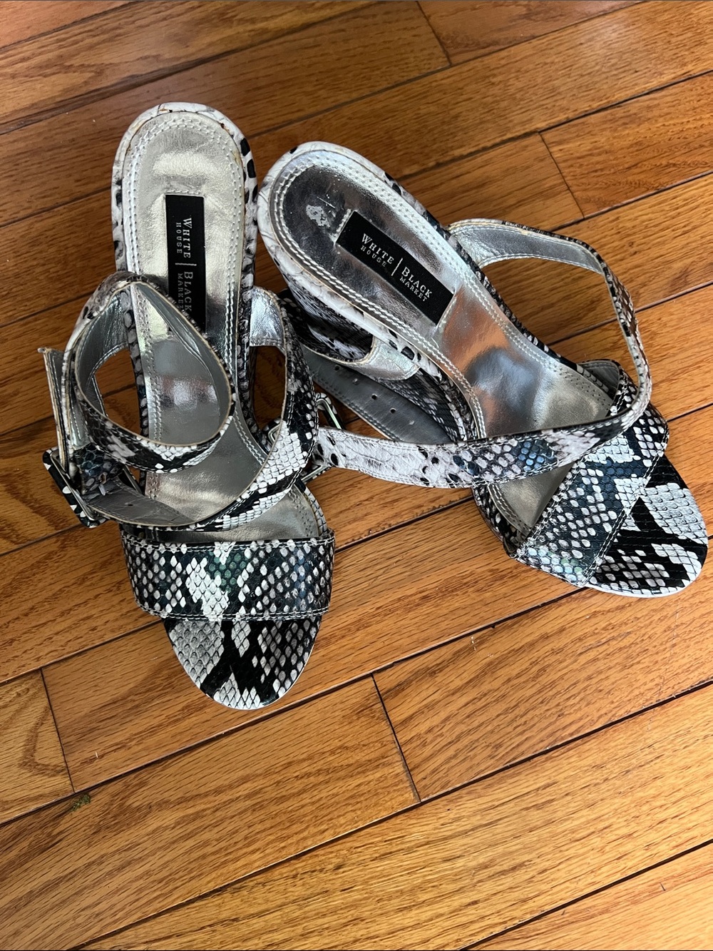 White House Black Market Black and White Snake-Print Heeled Sandals